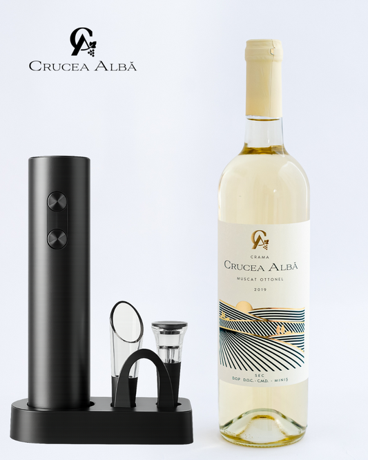 Set Cadou Tirbușon Electric + Sticla Vin Alb Muscat Ottonel an 2019